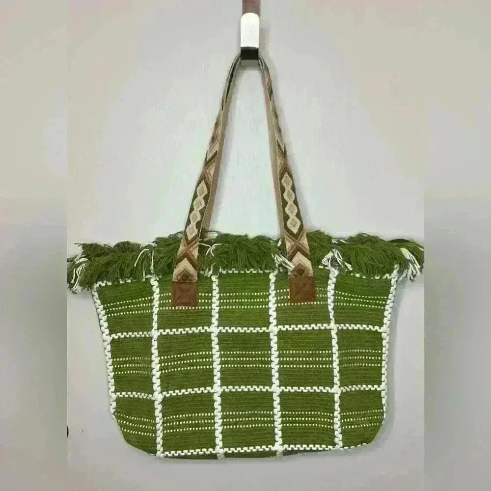 Women’s Large Shoulder Boho Style‎ Tote Bag, Green/White